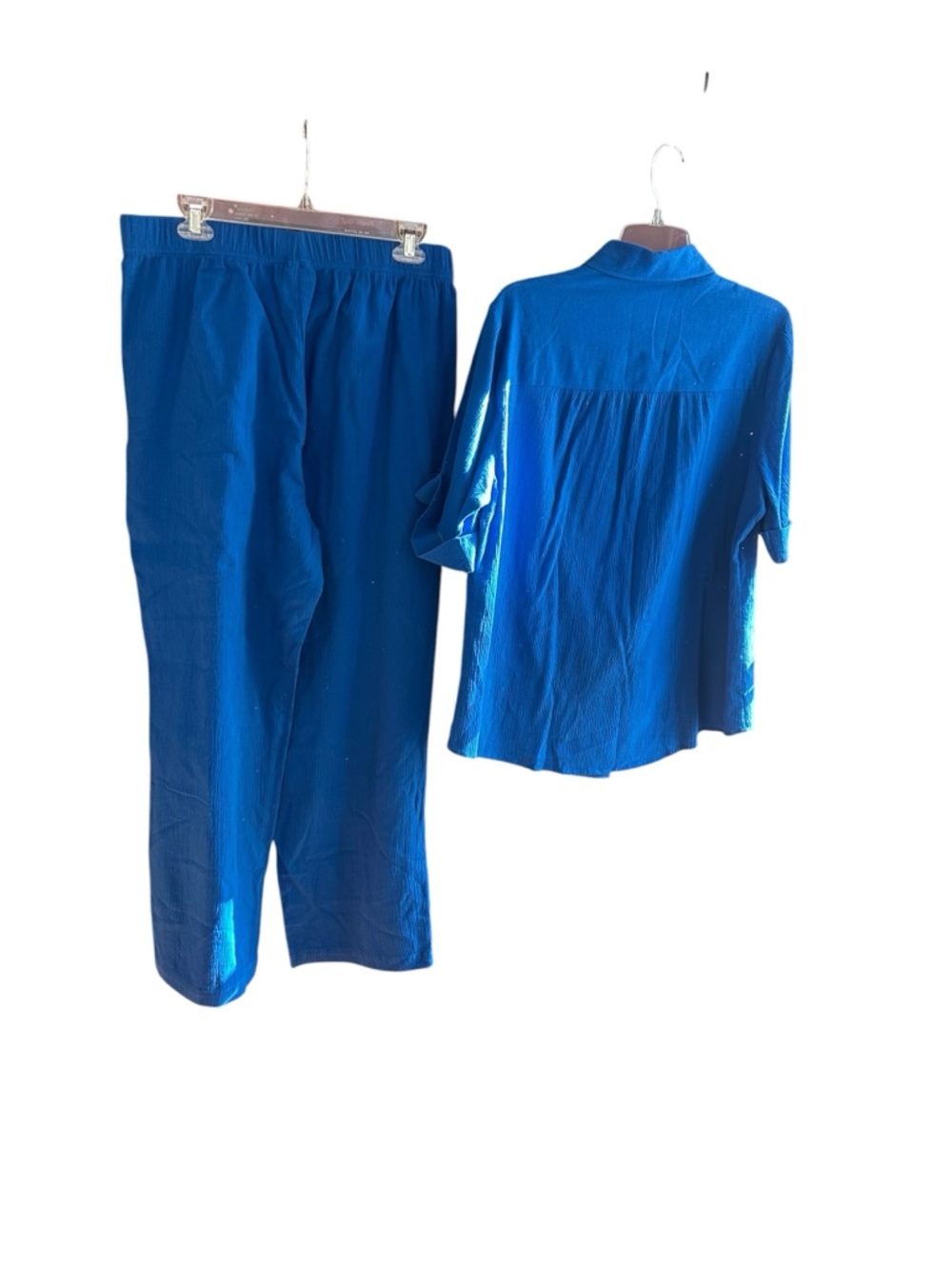 Vicki Wayne vintage royal blue two-piece cotton crinkle fabric pantsuit Sz L - Picture 2 of 12